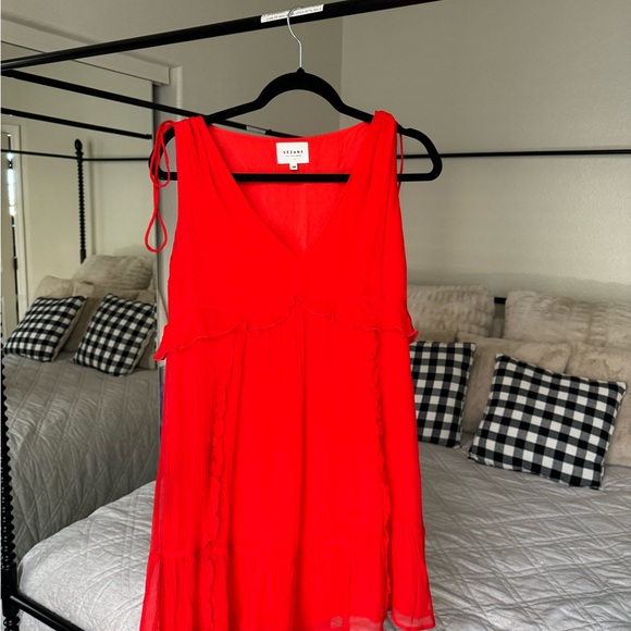 Sézane Robe Albertina Corail Silk Ruffle Trim A-Line Mini Dress Red 36 US-4 - Picture 2 of 8